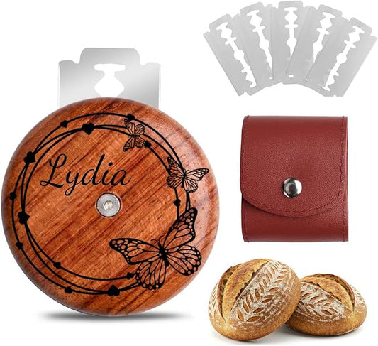Custom Engraved UFO Bread Lame - Personalized Sourdough Scoring Tool for Artisan Bread Baking, Bread Scorer Tool Set with 5 Professional Stainless Steel Blades, Baker Gift Idea (Design C-Brown Pouch)