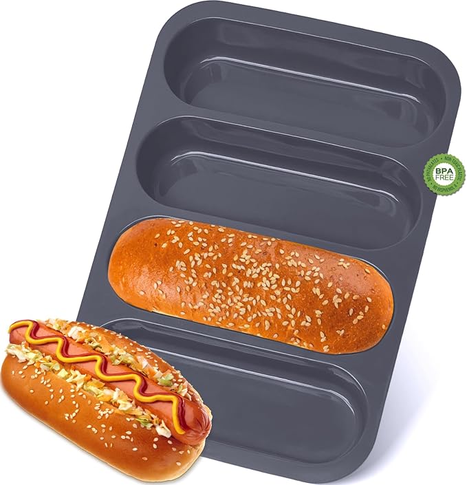 Silicone Hotdog Bun Pan, 6 Inch Standard Hot dog Bun Mold, 4 Cup Non-stick Homemade Hotdog Bun Baking Pans, Mini Baguette Pans, Dishwasher Safe, 1 Pc (Grey)