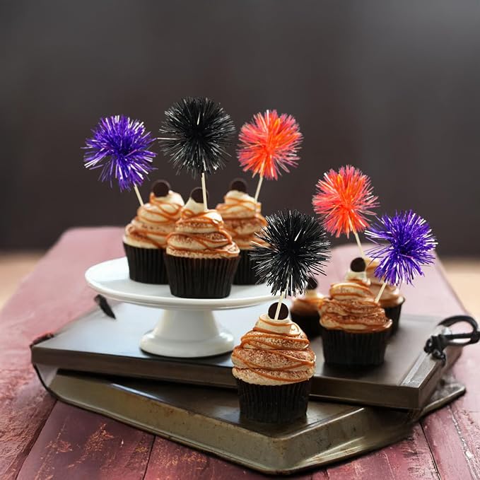 Gyufise 30Pcs Foil Firework Cupcake Toppers Sparkle Tinsel Cake Toppers Tinsel Drink Cake Decoration Cocktail Picks for Halloween Birthday Wedding Graduation Party Supplies Purple Black Orange
