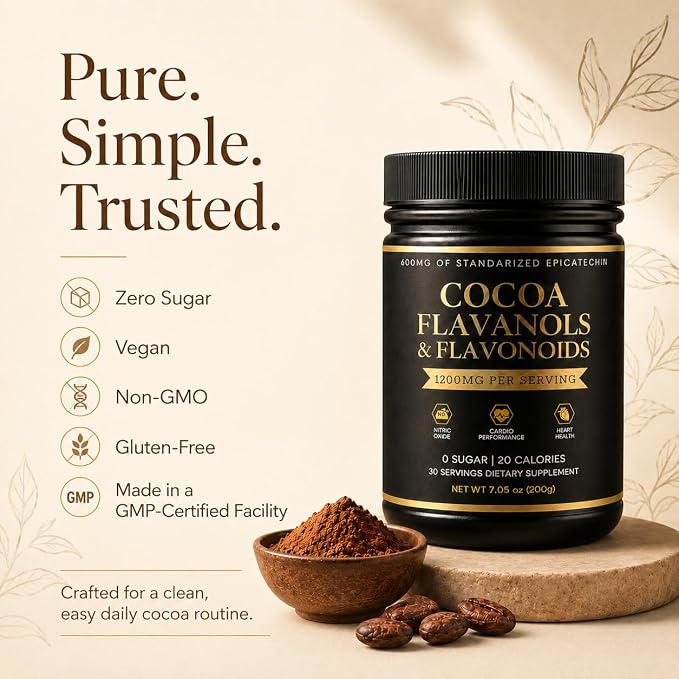High Flavanol Cocoa Powder, 1200mg Cocoa Flavanols & Flavonoids with 600mg Epicatechin Per Serving, Non-Alkalized Cocoa, Zero Sugar, Vegan, Non-GMO, Gluten-Free, 200g