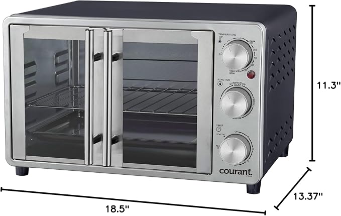 Courant French Door Convection Toaster Oven & Broiler, Bake Broil Toast Oven, Fits 9x13’’ Aluminum Baking Pan, 6-Slices, 10’’ Pizza, Convection Oven - Stainless Steel