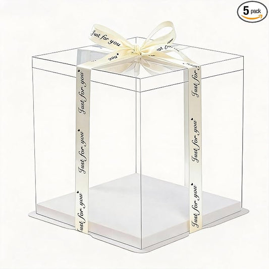 5-Pack 8-Inch Clear Square PET Cake Box (20.4 x 20.4 x 24 cm) with Ribbon Elegant Gift Packaging for Birthday Cupcakes, Macarons & Desserts – Reusable Display Case with White Base
