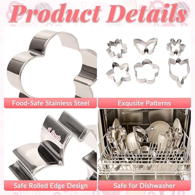 6 PCS Flower Cookie Cutters Set, Stainless Steel Flower Cookie Cutters, Butterfly Cherry Blossom Tulip Daisy Shaped Baking Tools for Home Baking, Party Favors