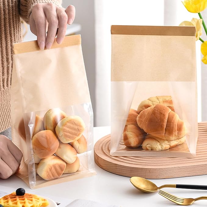 Ocmoiy 50Pcs Bakery Bags with Window, Resealable Tin Tie Tab Lock Bread Storage Bag, Clear Front Snack Bags for Packaging Cookies, Loaf, Popcorn, Paper Treat Bags