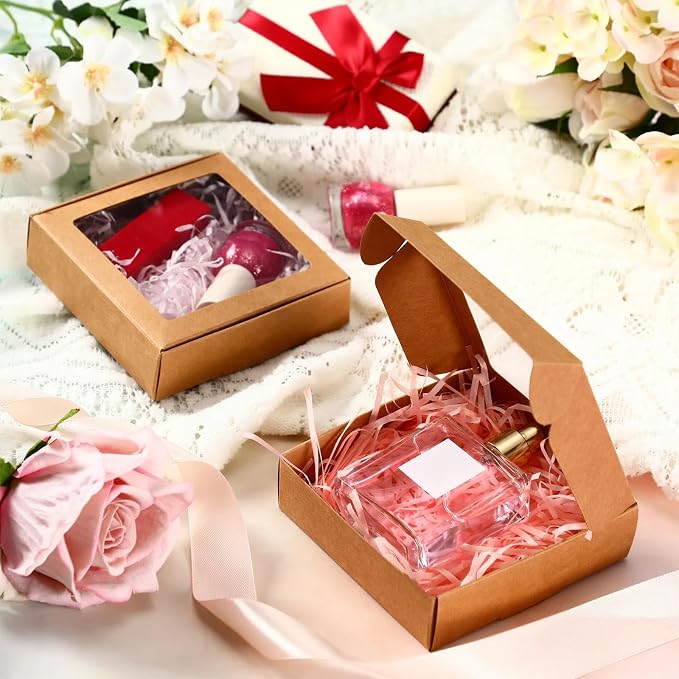 Zonon 60 Pcs Kraft Paper Boxes with Window 4.13 x 4.13 x 1.18 Inch Candy Packaging, Small Gift Boxes, Soap holder, Mini Treat Packaging for Bakery Chocolate Jewelry Display (Brown)