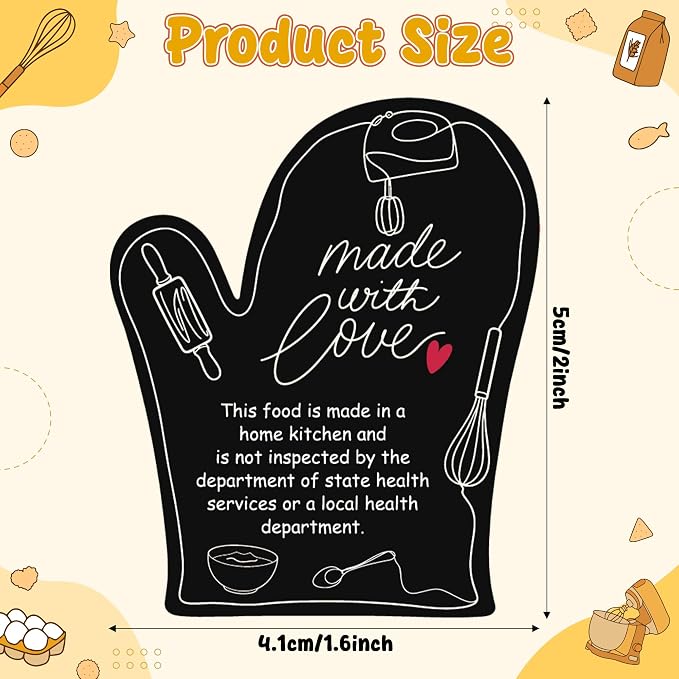 PANTIDE 500 Count Made with Love Cottage Food Law Labels Stickers (Black) | Adhesive Oven Mitt Shaped Decal Roll, Made in A Home Kitchen, Inspection Statement Thermal Printed, for Baked Food Packaging