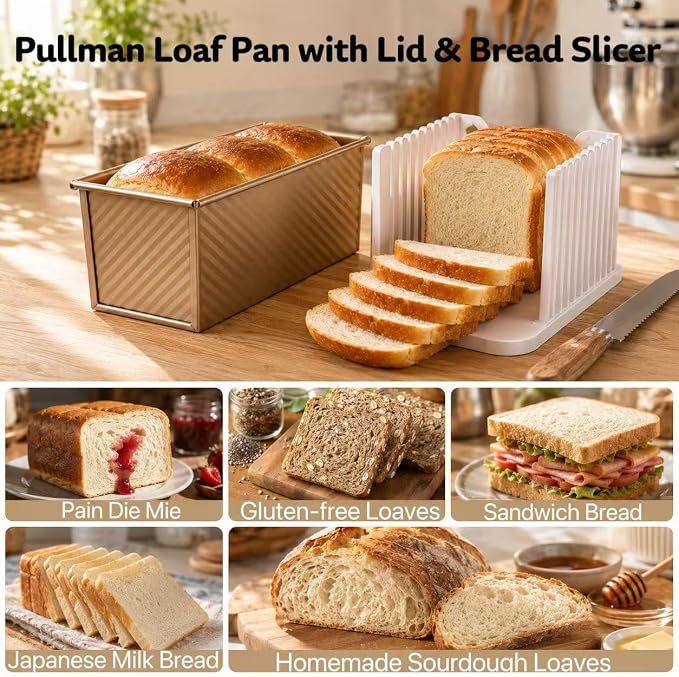 Pullman Loaf Pan with Lid, 1 LB Dough Capacity Non-Stick Bakeware, Bread Slicer for Homemade Bread, Carbon Steel Corrugated Gold Bread Toast Box Mold with Cover