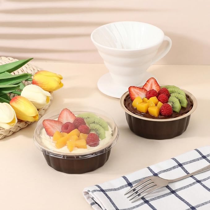 Beasea Disposable Ramekins with Lids, 50 Pack 8oz Aluminum Cups for Baking, Aluminum Foil Ramekins Creme Brulee Muffin Cupcake Mini Pudding Baking Cups for Party Birthday - Mocha Almond