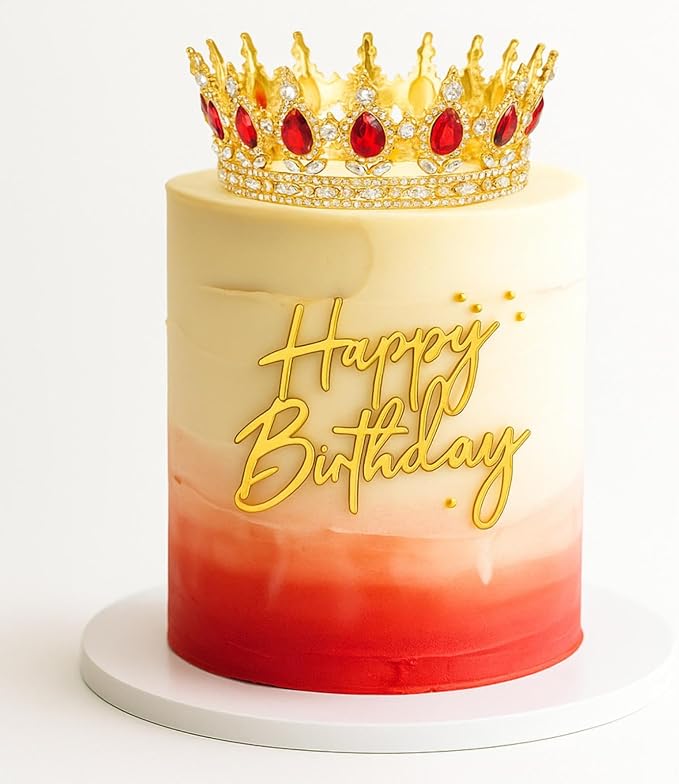 8 Pcs Red and Gold Queen Crown Cake Topper, Happy Birthday Cake Toppers Foam Balls Rhinestone Crystal Tiara Wedding Decoration for Princess Party Photo Props for Women Princess