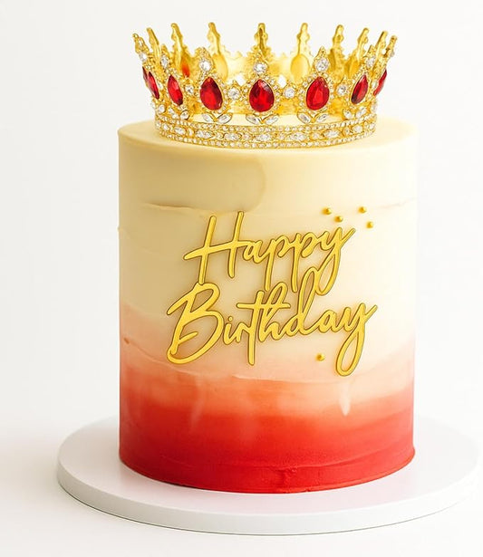 8 Pcs Red and Gold Queen Crown Cake Topper, Happy Birthday Cake Toppers Foam Balls Rhinestone Crystal Tiara Wedding Decoration for Princess Party Photo Props for Women Princess