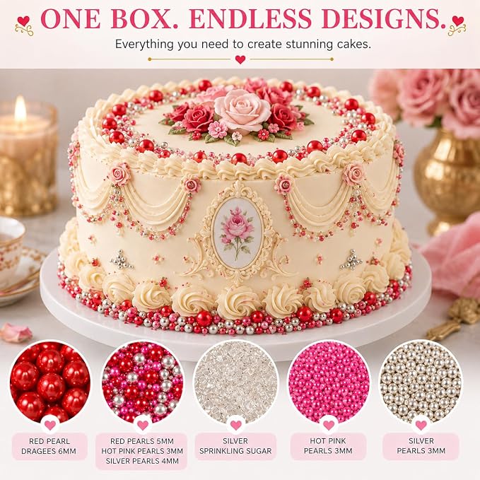 Confect Assorted Edible Sprinkles Pack of 5 – Red, Pink & Silver Dragees with Silver Sparkling Sugar | Costume Party Disco Ball Mix for Cake & Cupcake Decoration | Vegan, Gluten-Free, Nut-Free, Soy-Free, Dairy-Free, Palm Oil-Free - 5 Oz