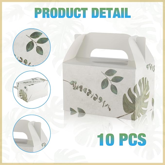 NyuOurea 10 PCS Green Leaf Gable Favor Treat Boxes, 6.5 x 4 x 4 Inches Gift Box with Handle, Goodie Boxes for Candy, Cookie, Tea, Spring Picnic, Baby Shower Party, Garden Wedding, Birthday, Graduation