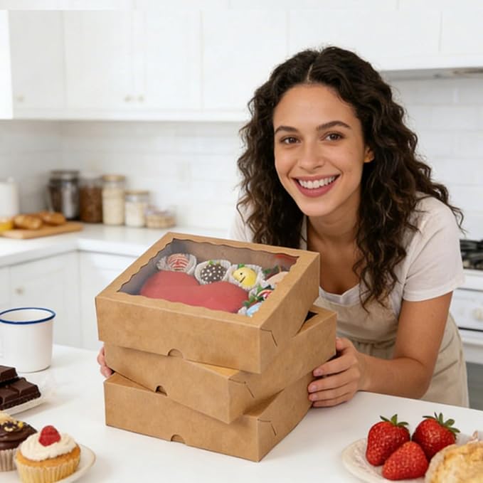 TEMLQPACK 50pcs 9x9x2.5 Inch Brown Bakery Boxes with Window, Pie, Cookies, Chocolate Covered Strawberries, Breakable Heart, Charcuterie Boxes for Christmas