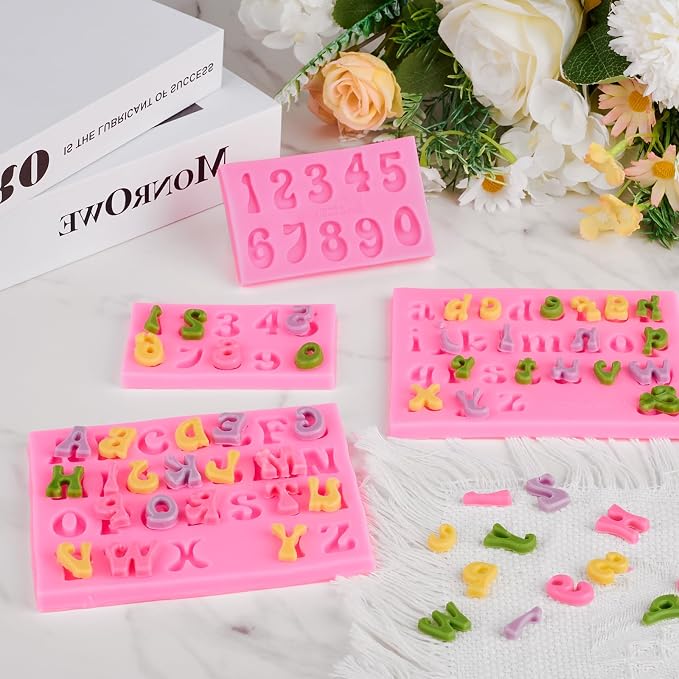 Puyeipt 4 Pcs Silicone Letter Molds for Chocolate, 0-9 Number and 26 Alphabet Letter Molds Fondant Mold for Edible Cake Dessert Decorating
