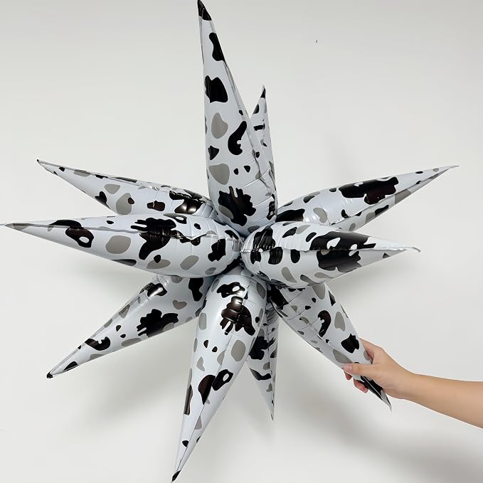 2Pcs Cow Print Star Balloons Party Decorations/32 Inch Black White Explosion Star Foil Balloons for Western, Farm, Barn, Cowgirl, Baby Shower, Birthday Party Supplies (2Pcs White cow pattern)