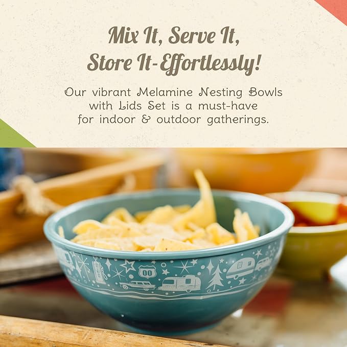 Camp Casual Melamine Bowls with Lids - 4 BPA Free Nesting Bowls with (New and Imporved) Lids Set for Indoor & Outdoor Dining - Sturdy, Lightweight, & Top Shelf Dishwasher Suitable Camping Bowl Set