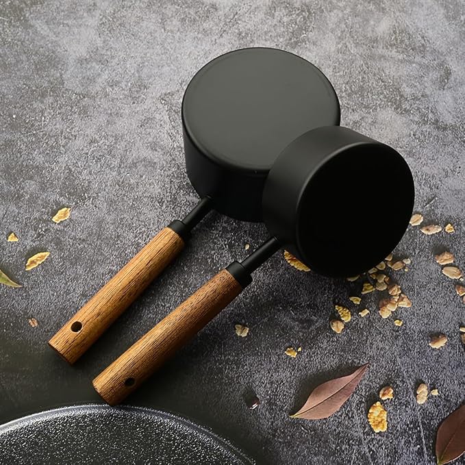 8 pieces Black Measuring Cups Set and Measuring Spoons Set with Scale, BRIIEC Wooden Handle Stainless Steel Dry & Liquid Measuring Cup for Cooking Baking