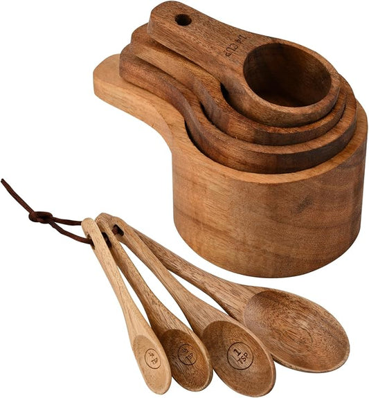8-Piece Wooden Measuring Cups and Spoons Set, Laser-Engraved, Nesting Design, Measuring Spoons for Dry Ingredients, Kitchen Gadgets for Cooking and Baking