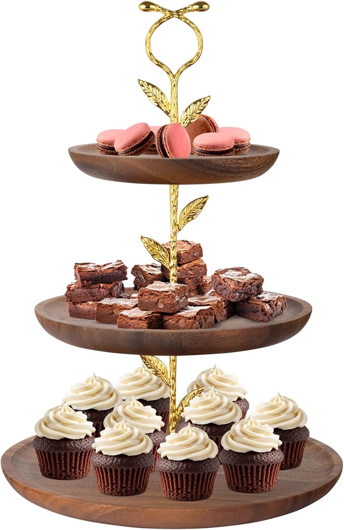 Perco 3 Tier Wooden Cupcake Stand, Walnut Wood Tiered Display Stand for 20 Cupcakes – Rustic Dessert Table Display Set, Tiered Serving Tray for Weddings, Birthdays, Baby Showers & Events
