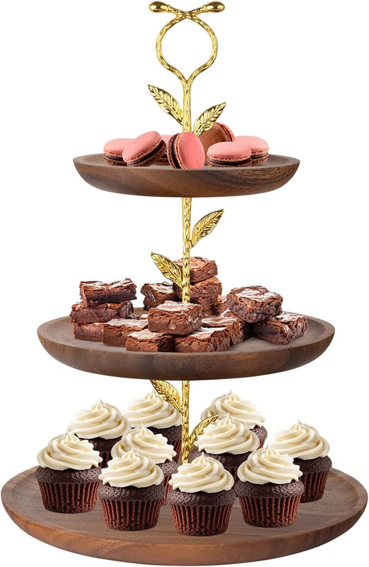 Perco 3 Tier Wooden Cupcake Stand, Walnut Wood Tiered Display Stand for 20 Cupcakes – Rustic Dessert Table Display Set, Tiered Serving Tray for Weddings, Birthdays, Baby Showers & Events