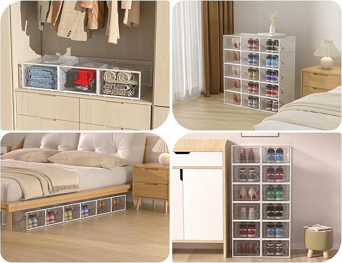 Kuject XX-Large Shoe Storage Boxes Organizers Clear Plastic Stackable 12 Pack, Shoe Rack & Holder Substitute, Sneaker Containers, Shoe Storage Organizer Bins for Closet, Under Bed, Grey(No Fold Line)