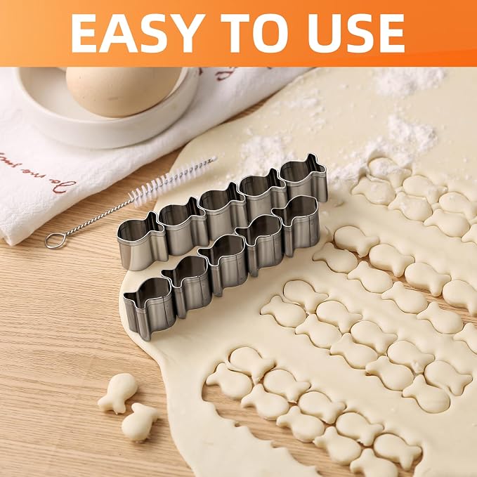 Goldfish Cracker Cutters 2 PCS, Mini Cookie Cutters 304 Stainless Steel Food Safe Grade, Single-Row Goldfish Cutters Designed, Come with Cleaning Brush, Easy To Clean (2)