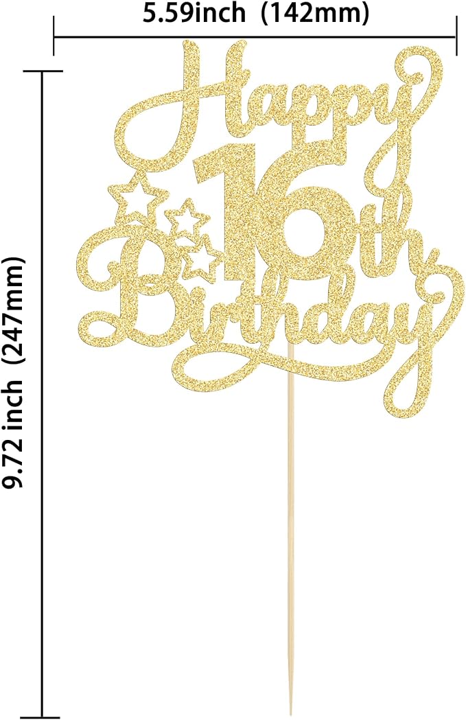 1 Pack Happy 16th Birthday Cake Topper Glitter Sweet 16 Cake Pick Birthday 16th Birthday Cake Decorations for Children 16th Theme Party Supplies Gold