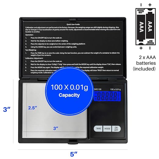 Smart Weigh SWS100 Digital Pocket Scale – 100g x 0.01g High Precision Scale for Reloading, Jewelry, Gems, and Medicine – Backlit LCD, Battery Included, Black