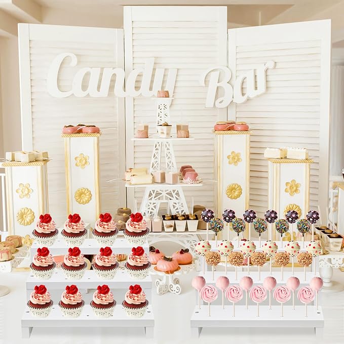 2Pcs Wood Cake Pop Display Stand, White Lollipop Holder 3 Tier with Twist Ties Lollipop Sticks, 33 Holes Sucker Storage Rack for Dessert Table of Wedding Birthday Party Christmas Day (B)