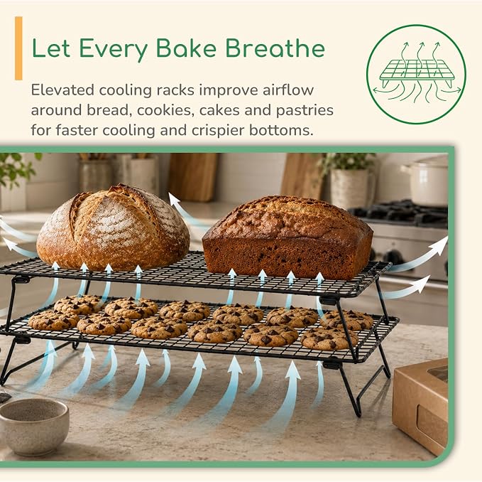 Cooling Racks for Baking 2 Pack, 17 x 11 Inch Black Collapsible Wire Racks with Folding Legs, Rust-Resistant Finish, Large Cookie Rack for Holiday Cookies, Bread and Small Kitchens