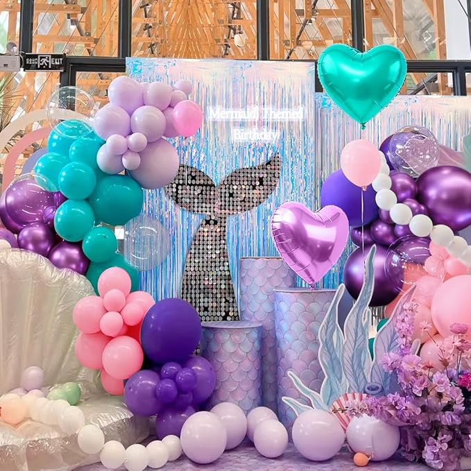 157Pcs Mermaid Balloons Garland Arch Kit with Fringe Curtain for Girl Princess Woman Birthday Engagement Wedding Bridal Baby Shower Under the Sea Party Decorations