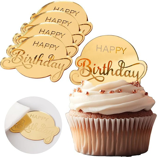 20 Pcs Mirror Acrylic Happy Birthday Cupcake Toppers Gold Happy Birthday Cake Topper Engraved Cake Picks for DIY Birthday Gift Flower Bouquet Pastries Desserts Decor