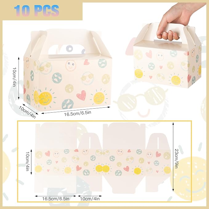 10 PCS White Gable Favor Treat Boxes, 6.5 x 4 x 4 Inches Gift Box with Handle, Cute Goodie Boxes for Sweets, Candy, Cookie, Kids Birthday Party, Baby Shower, Wedding, Back to School, Smile Face