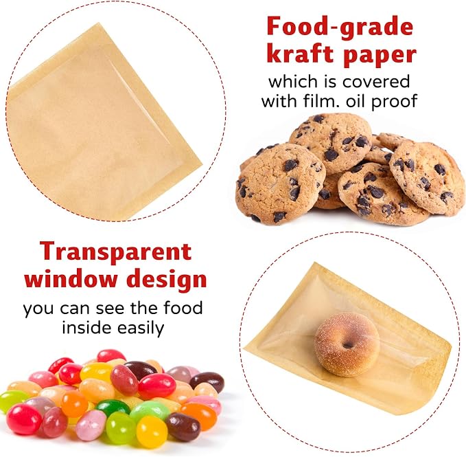 Ocmoiy Clear Front Paper Cookie Bags, 5.1x7.5 Inches, 200 Pcs | Seal Heat-Sealable, Grease-Resistant, Bakery Bags with Window, Small Treat Bags, Cookies Packaging Favor Bags
