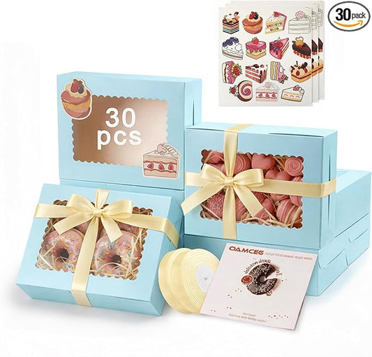 OAMCEG 30 Pack Cookie Boxes with Window, 8x6x2.5 Inch Bakery Treat Boxes for Christmas Holiday Gift Giving, Desserts, Donuts, Pastries-Blue