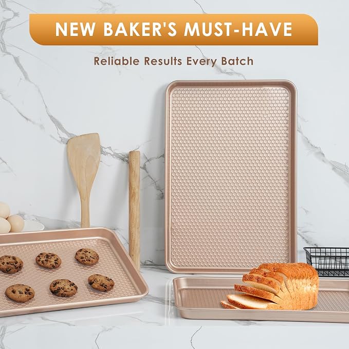 Baking Sheet Pan Set of 3, Nonstick Carbon Steel Cookie Sheets with Texture | Commercial Half/Quarter/Jelly Roll Pans Replacement Toaster Oven Tray, Heavy Duty & Easy Clean, Rose Gold