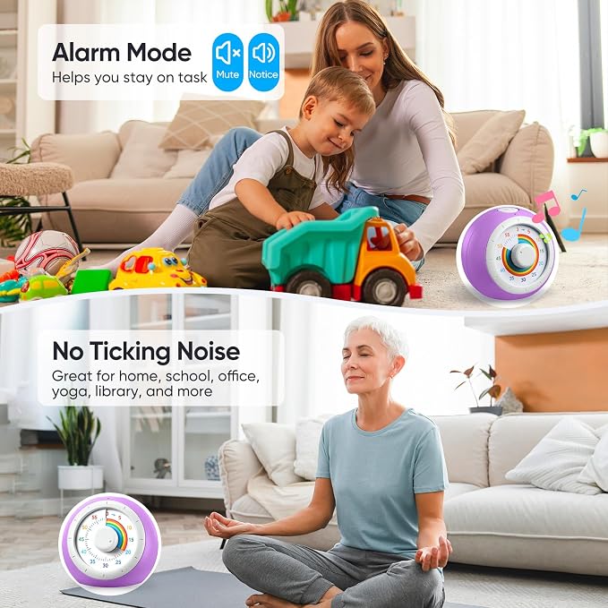 Visual Timer for Kids, 60-Minute Silent Countdown for Classroom, Home, Office, Kitchen, Rainbow Pattern Desk Timer, Time Management Tools with Silent Operation, Pomodoro Timer