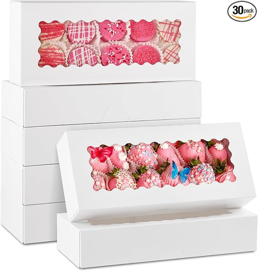 30 Pack Auto Pop-up Cookie Boxes with Window, 12.5" x 5.5" x 2.5", White | Bakery Treat Boxes, For Chocolate Covered Strawberries, Cake Pops, Donuts, Cocoa Bombs, Sugar Cookies, Pastries
