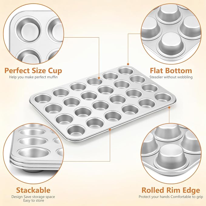 Domensi 4 Pcs Mini Muffin Pan 24 Cup Carbon Steel Cupcake Baking Pan Nonstick Tin Tray for Standard Muffins, Brownie, Tart, Quiche, Heavy Duty Bakeware Set, Oven & Dishwasher Safe