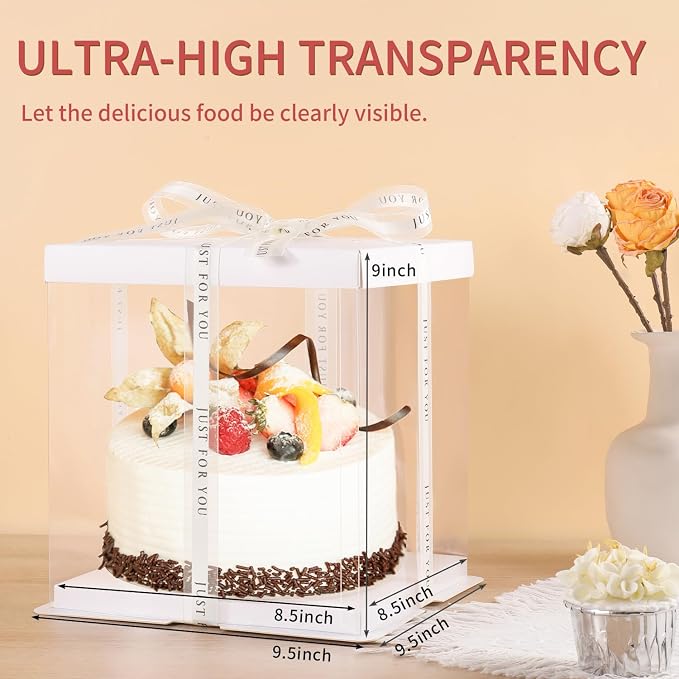 JCD 6Pcs Multi-Layer cake box，Large Cake PET Clear Box, 10" X 10" X 9" with ribbon and pre-folded lid, for 8" cake packing , baking cookie display, Carry Tall Layer box (White Lid, 10*10*9inch/6Pcs)
