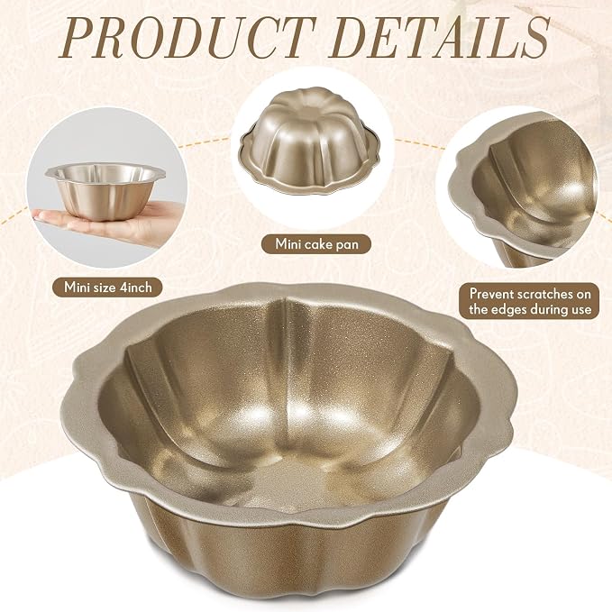 Ctosree 8 Pcs 4 Inches Fluted Mini Cake Pan Nonstick Fluted Cake Pan Carbon Steel Tube Metal Tube Oven Baking Mold with Flower Shape for Cupcake (Gold)