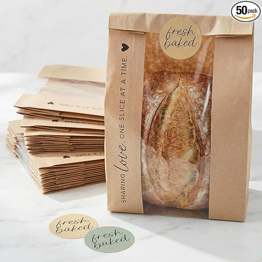 Beautiful Bread Bags for Homemade Bread - Clear Window Bags Keep Your Sourdough Loaves Fresh for Days & are Great for Gifting Homemade Bread - Perfectly Sized Bakery Paper Packaging for Baked Goods