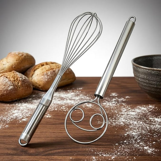 Danish Dough Whisk and Balloon Whisk Set, 2-Piece 12 Inch 316 Stainless Steel for Egg, Cream, Bread, Pizza & Sourdough Mixing, Dishwasher Safe