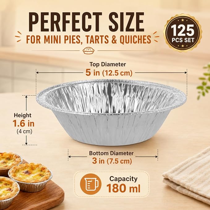 RHBLME 125 PACK Mini Pie Tins, 5 Inch Aluminum Foil Pie Pans Heavy Duty Small Pie Tins, Pot Pie Pans For Bakeries, Cafes, Restaurants, Durable Mini Tart Pans for Pie, Fruit Tarts, Quiche