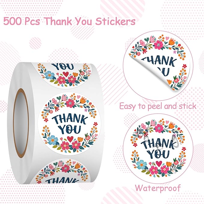 Louise Maelys 1.5Inch Thank You Stickers 500Pcs Floral Thank You Labels | Waterproof Floral Thank You Sticker For Small Business, Packaging, Party Favors, Gift Wrapping And Handmade Sellers