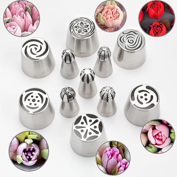 11Pcs Extra Large Russian Piping Tips Set, Stainless Steel Icing Nozzles for Buttercream Flowers 6 XXL and 5 Round Piping Tips for DIY Cookies Desserts Cake Decoration Baking Tools (11-Pack)