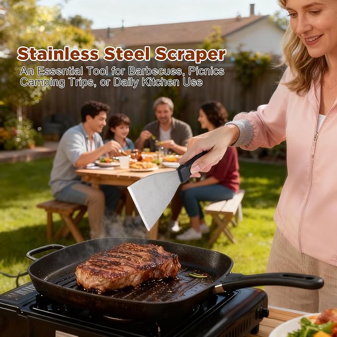 Griddle Scraper，Stainless Steel Grill Scraper,Slant Edge Metal Spatula for Teppanyaki Flat Top BBQ,Grill Cooking,Frying Steak Pork Chop Chicken Chop,Dishwasher Safe