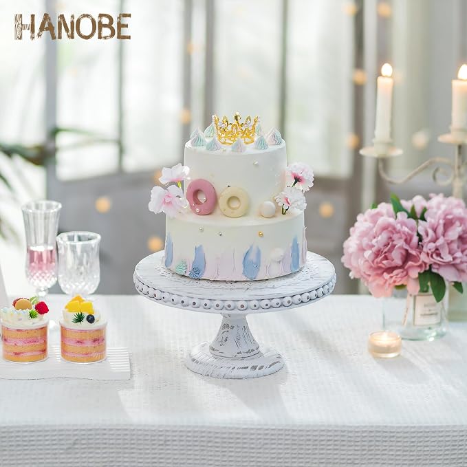 Hanobe White Wood Cake Stand: Cupcake Pedestal Stand 12 inch Dessert Display Riser Rustic Round Cakes Holder Tray Vintage Beads Wooden Plate for Christmas Wedding Birthday Decor