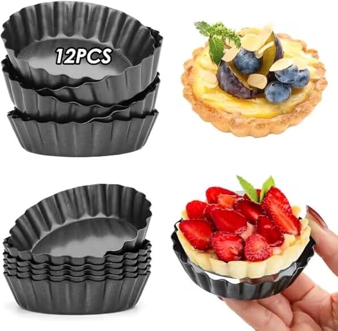 12 Packs Egg Tart Mold, 3" Mini Tart Pans Removable Bottom, Reusable Non-Stick Cupcake Cake Muffin Mold, Mini Pie Pans Set For Baking (Black)