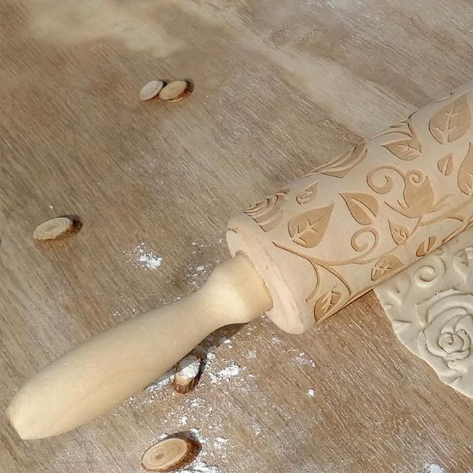 Ragyzity Wooden Embossed Rolling Pin for Baking, Rose Flower Embossed Engraved Carved Rolling Pin, Wooden Roll Pin Laser Engraved Rolling Pin DIY Tool for Making Cookie Dough Crusts Pies Pastry